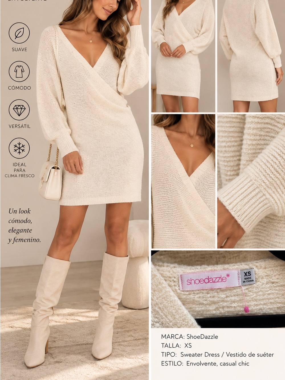 Shoe Dazzle Cream Knit Wrap Sweater Dress with Balloon Sleeves